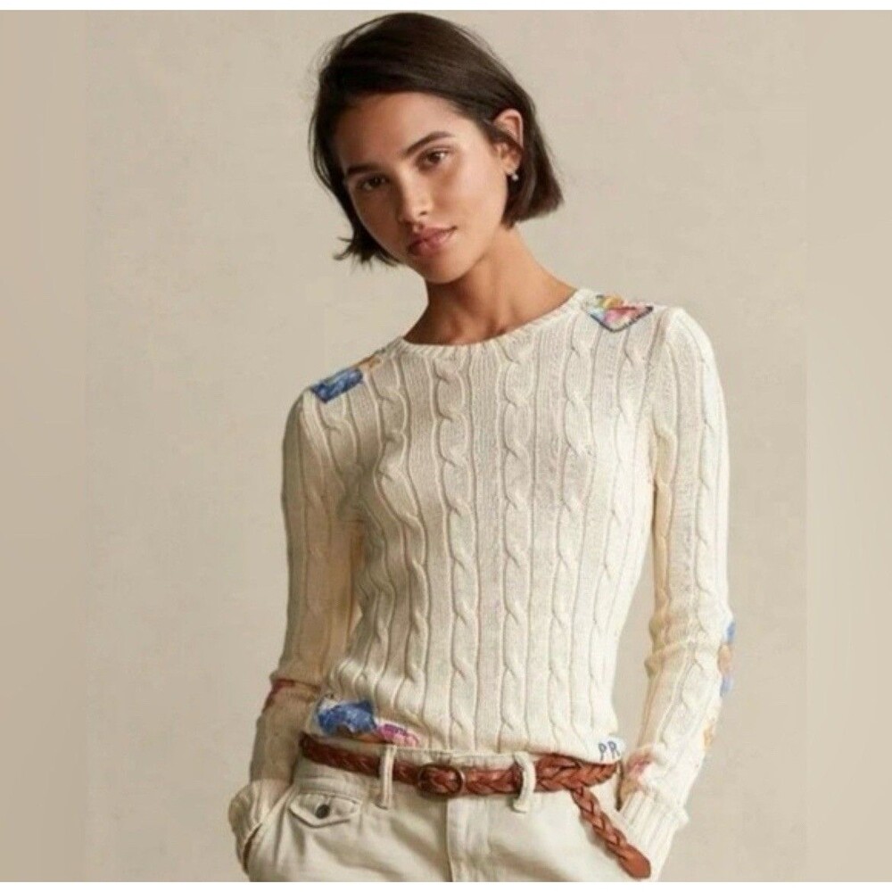 Polo Ralph Lauren Cream Cable Knit Pima Cotton Patchwork Sweater PRL Women’s S
